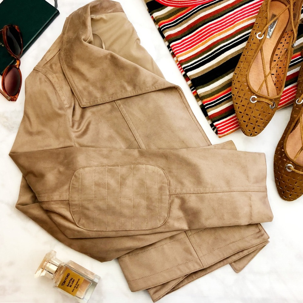 Tan Faux Suede Cropped Open Front Jacket